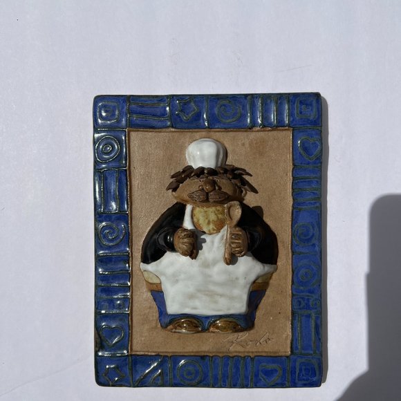 Vintage Art Tile – Signed – Plump Chef Cook w/ Mustache, Spatula, Hat – NICE 3D - Picture 3 of 8